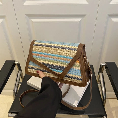 Women Straw Woven Shoulder Crossbody Bag Striped Pattern Envelope Flap Synthetic Leather Trim Bohemian Casual Chic Handbag