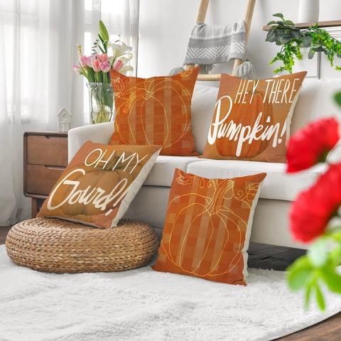 Herbst Kürbis Kissenbezug Thanksgiving Ernte Deko Leinentextur Kariert Kissenhülle Modernes Landhausstil