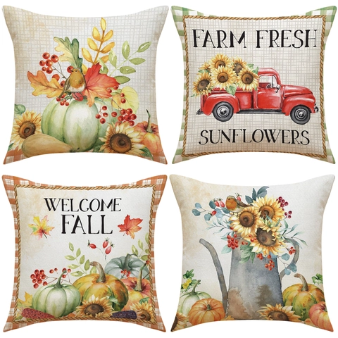 Kissenhülle Herbst Sonnenblume Kürbis Dekorative Leinentextur Kissenbezug Welcome Fall Farm Fresh
