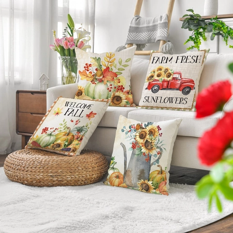 Kissenhülle Herbst Sonnenblume Kürbis Dekorative Leinentextur Kissenbezug Welcome Fall Farm Fresh