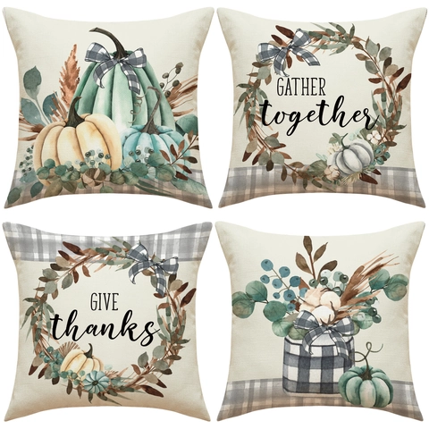 Autumn Thanksgiving Throw Pillow Covers Linen Pumpkin Maple Leaf Wreath Cushion Cases For Sofa Home Couch Decor Farmhouse Style