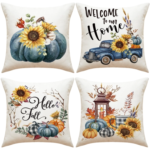 Herbst Kissenbezüge Aquarell Kürbis Sonnenblume Ahornblatt Polyester Leinenstruktur Bauernhaus Herbst Erntedankfest Deko