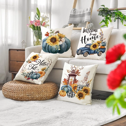 Herbst Kissenbezüge Aquarell Kürbis Sonnenblume Ahornblatt Polyester Leinenstruktur Bauernhaus Herbst Erntedankfest Deko