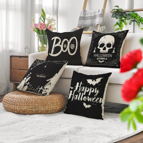 Halloween Kussenhoezen Linnenmix Skelet Schedel Geest Vleermuis Boo Vintage Griezelig Bank Decoratie