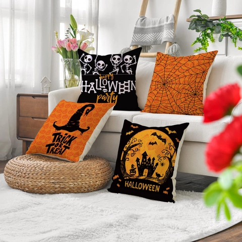 Halloween Federe Per Cuscini In Lino Copricuscini Decorativi Fantasma Teschio Zucca Ragnatela Per Casa Divano Festa Dekor