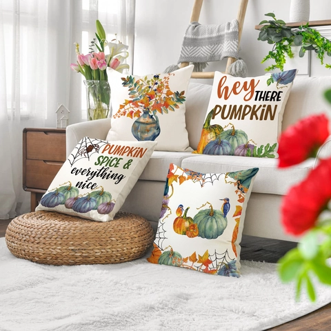 Διακοσμητική Μαξιλαροθήκη Halloween Φθινόπωρο Κολοκύθα Εκτύπωση Ακουαρέλα Τετράγωνη Πολυεστέρας Όψη Λινού Κάλυμμα Μαξιλαριού Για Καναπέ