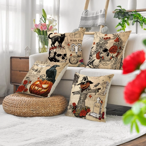 Fodere Per Cuscini Halloween Vintage Gotico Teschio Zucca Gatto Nero Corvo Federe Decorative Per Divano Arredamento