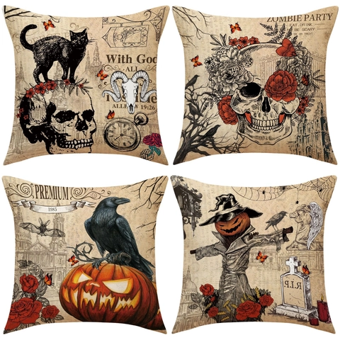 Fodere Per Cuscini Halloween Vintage Gotico Teschio Zucca Gatto Nero Corvo Federe Decorative Per Divano Arredamento
