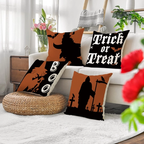 Federe Per Cuscini Halloween Lino Poliestere Strega Pipistrello Stampa Copricuscini Decorativi Per Divano Festa Casa