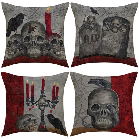 Halloween Kissenbezüge Gothic Totenkopf Rabe Schlange Grabstein Druck Leinenoptik Polyester Quadratisch Kissenhülle Deko