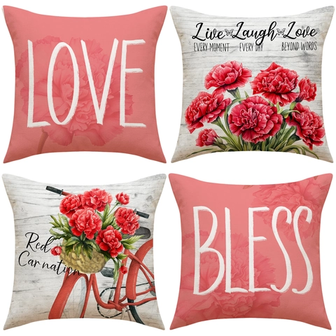 Floral Print Mother's Day Pillow Case Polyester Linen Breathable Square Cushion Cover For Home Sofa Decor