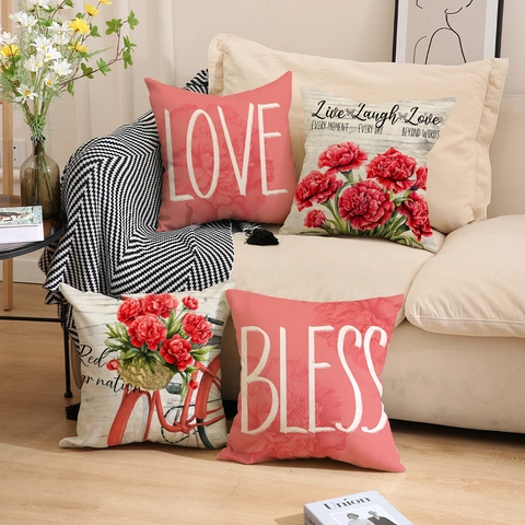 Floral Print Mother's Day Pillow Case Polyester Linen Breathable Square Cushion Cover For Home Sofa Decor
