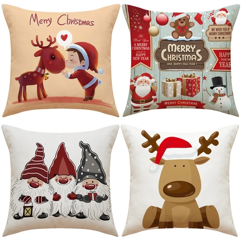 Weihnachten Kopfkissenbezug Cartoon Weihnachtsmann Rentier Dekorative Leinentextur Polyester Kissenbezug Holiday Home Decor
