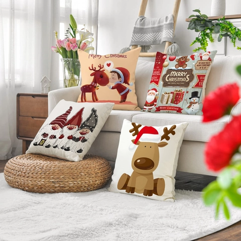 Weihnachten Kopfkissenbezug Cartoon Weihnachtsmann Rentier Dekorative Leinentextur Polyester Kissenbezug Holiday Home Decor