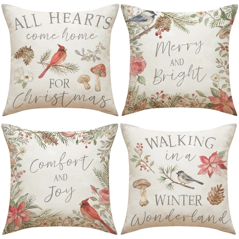 Christmas Linen Decorative Throw Pillow Case Winter Birds Pine Cone Pattern Xmas Cushion Cover For Sofa Living Room Decor