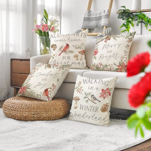 Christmas Linen Decorative Throw Pillow Case Winter Birds Pine Cone Pattern Xmas Cushion Cover For Sofa Living Room Decor