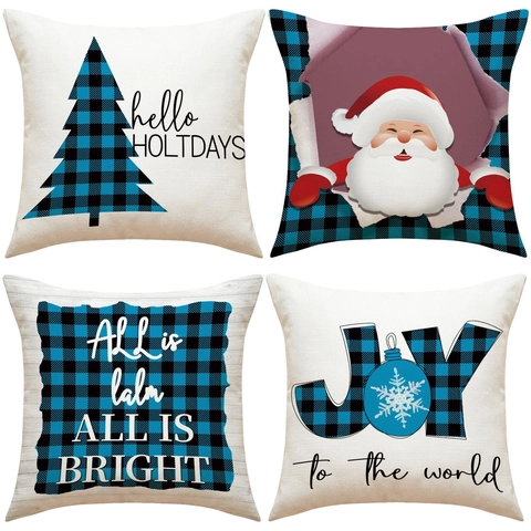 Christmas Pillowcase Decorative Linen Polyester Buffalo Plaid Santa Claus Tree JOY For Sofa Couch Home Decor Theme
