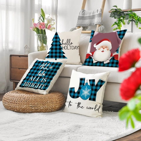 Christmas Pillowcase Decorative Linen Polyester Buffalo Plaid Santa Claus Tree JOY For Sofa Couch Home Decor Theme