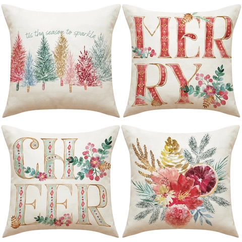 Christmas Linen Throw Pillow Cover Decorative Merry Cheer Letter Print Xmas Tree Botanical Flower Print Pillowcase For Home Sofa Office