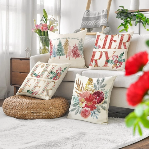 Christmas Linen Throw Pillow Cover Decorative Merry Cheer Letter Print Xmas Tree Botanical Flower Print Pillowcase For Home Sofa Office