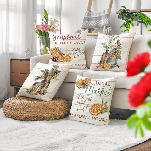 Christmas Decorative Pillow Covers Linen Texture Polyester Cushion Case For Sofa Living Room Holiday Farmhouse Decor Print