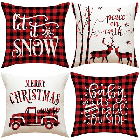 Christmas Pillow Cover Red Black Buffalo Plaid Reindeer Truck Print Decorative Linen Home Decor Holiday