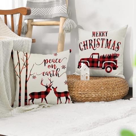 Christmas Pillow Cover Red Black Buffalo Plaid Reindeer Truck Print Decorative Linen Home Decor Holiday
