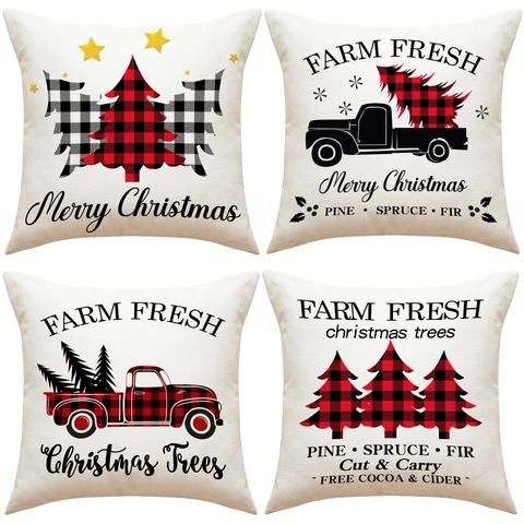 Weihnachts Kissenbezüge Baumwolle Leinen Bauernhaus Buffalo Plaid LKW Baum Dekorative Kissenhüllen Feiertag