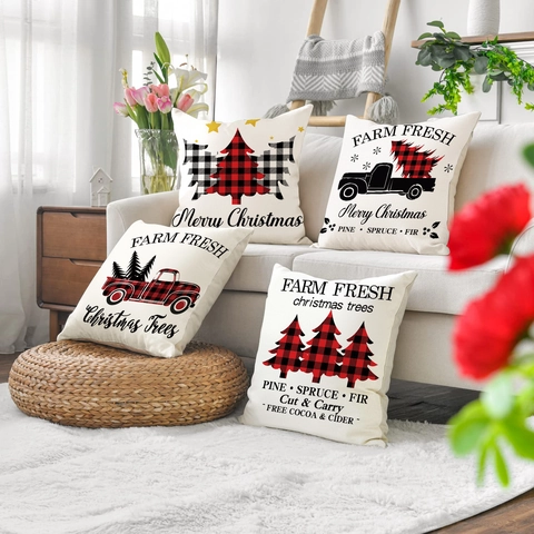 Weihnachts Kissenbezüge Baumwolle Leinen Bauernhaus Buffalo Plaid LKW Baum Dekorative Kissenhüllen Feiertag