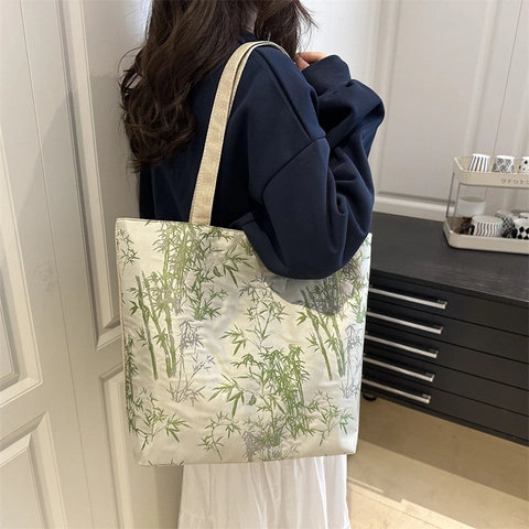 Bolso Tote de Lona con Estampado de Bambú de Gran Capacidad Bolso de Hombro Informal para Mujer Estilo Vintage de Tinta para Compras
