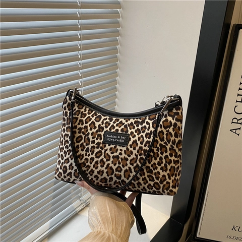 Vintage Leopard Print Shoulder Bag For Women Canvas Synthetic Leather Small Square Handbag Commuting Crossbody Bag