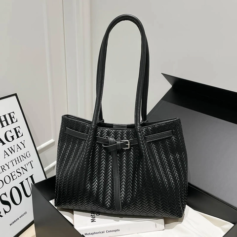 Vintage Gewebte PU Leder Tote Bag Große Kapazität Geflochtene Umhängetasche Mit Schnallengurt Damen Pendler Büro Alltag