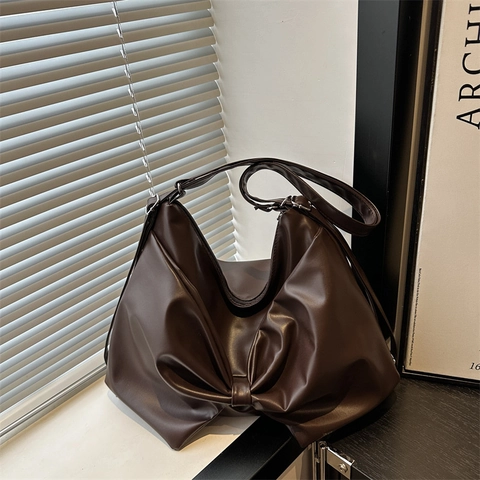 Borsa a Tracolla da Donna in Pelle PU con Fiocco Grande Capacità Borsa a Mano Plissettata Morbida Tote di Moda Casual