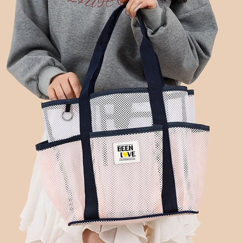 Bolso Tote de Malla para Mujer Gran Capacidad Transpirable Bolso de Mano de Playa Múltiples Bolsillos Almacenamiento de Viaje Bloque de Color