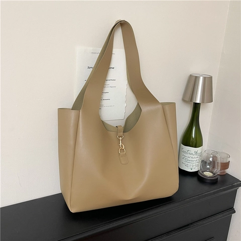 Bolso de Mano de Cuero PU de Gran Capacidad para Mujer Bolso de Hombro Urbano Minimalista Con Gancho de Metal