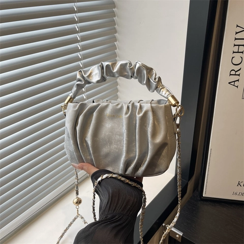 Ruched Shoulder Bag Women PU Leather Cloud Handbag Chic Crossbody Purse With Golden Chain Strap And Metal Ball