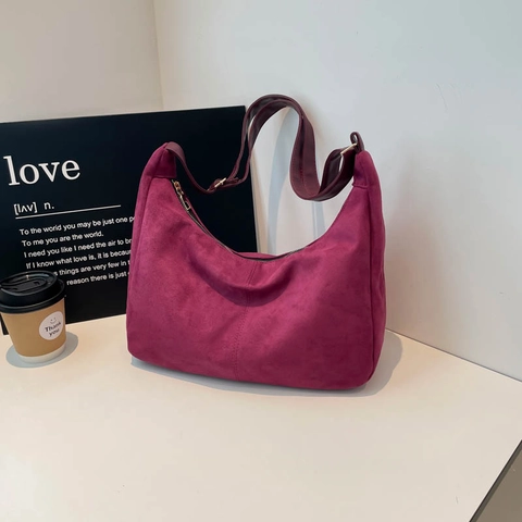 Bolso Hobo de Gamuza Vintage para Mujer Gran Capacidad Bolso Bandolera Con Costuras Decorativas Bolso de Hombro Color Sólido