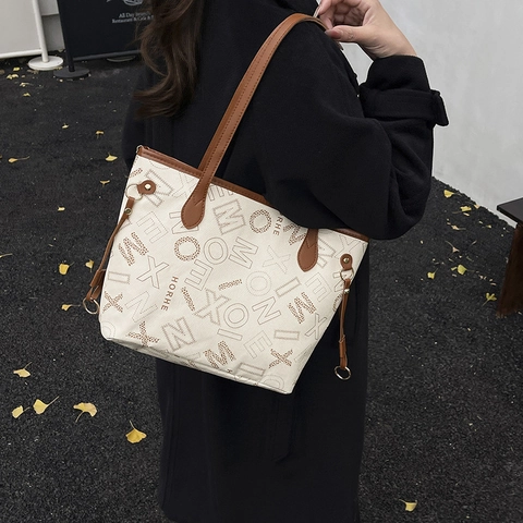 Damen Mode Große Kapazität Tote Bag PU Leder Buchstaben Druck Schultertasche Vintage Pendler Handtasche Für Arbeit Reisen
