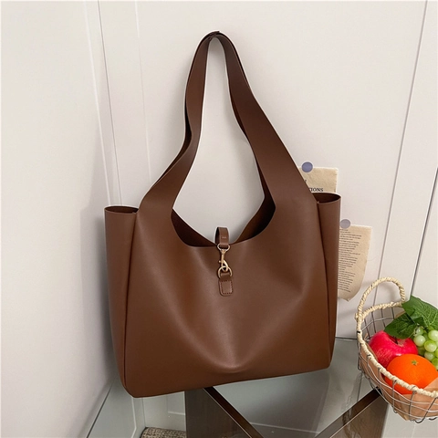 Bolso de Mano Minimalista de Cuero PU de Gran Capacidad para Mujer Bolso de Hombro Versátil de Color Sólido Con Gancho de Metal