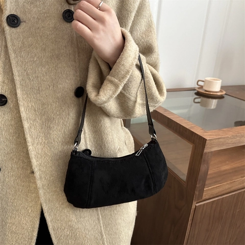 Women Hobo Underarm Bag Faux Suede Leopard Print Solid Color Half Moon Retro Shoulder Bag For Commuting Daily Use