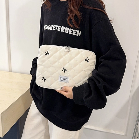 Funda Portátil Nailon Acolchado Bolsa Tableta Bordado Lazo Patrón Rombos Cremallera Estuche Protector Estilo Coreano
