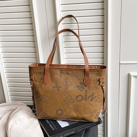 Damen Mode Große Kapazität Tote Bag PU Leder Buchstaben Druck Schultertasche Vintage Pendler Handtasche Für Arbeit Reisen