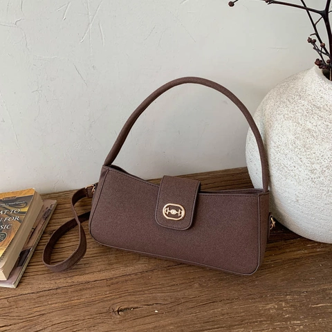 Französische Vintage Baguette Unterarmtasche Damen Minimalistisch PU Wildleder-Optik Schultertasche Gold Trensen-Detail Retro Handtasche