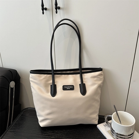 Minimalistische Tote Bag Grote Capaciteit Voor Dames Nylon Met Kunstlederen Bies Schoudertas Rits Woon Werkverkeer