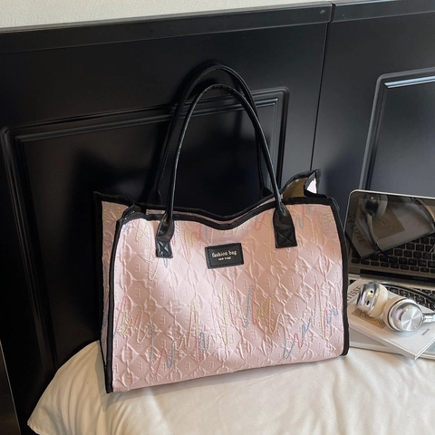 Bolso Tote de Cuero PU de Gran Capacidad Con Patrón de Ondas Bordado Rétro Para Mujer Bolso de Hombro Casual