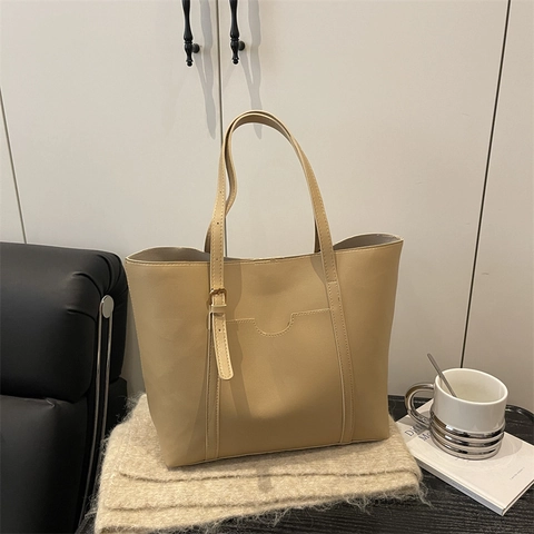 Women Large Capacity PU Leather Tote Bag Minimalist Solid Color Shoulder Bag Autumn Winter Handbag Daily Shopper Bag Fashion