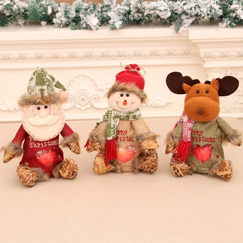 Christmas Gift Candy Bag Burlap Fabric Santa Snowman Reindeer Doll With Transparent Heart Window Zipper Back Holiday Decor
