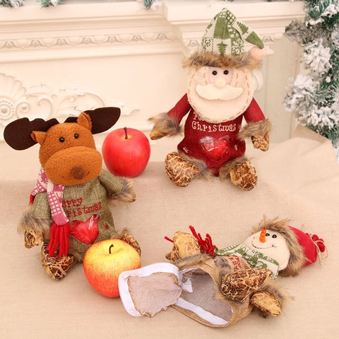 Christmas Gift Candy Bag Burlap Fabric Santa Snowman Reindeer Doll With Transparent Heart Window Zipper Back Holiday Decor