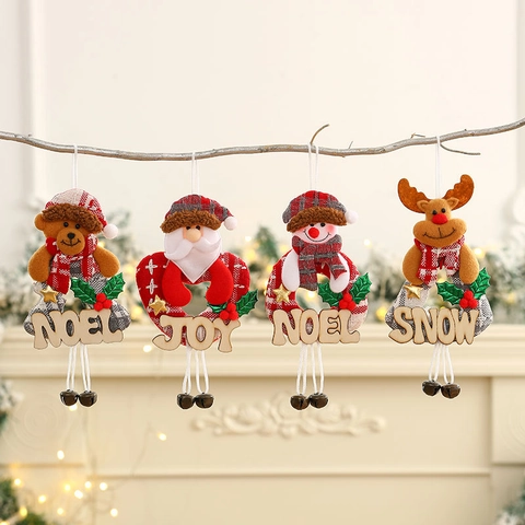 Christmas Hanging Ornaments Set Santa Snowman Reindeer Bear Plush Wood Signs With Bells Holiday Xmas Tree Decorations
