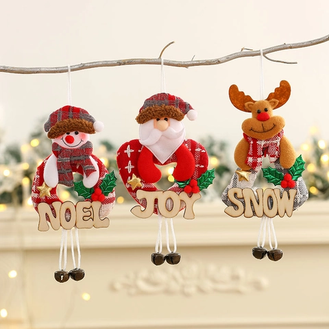 Christmas Hanging Ornaments Set Santa Snowman Reindeer Bear Plush Wood Signs With Bells Holiday Xmas Tree Decorations